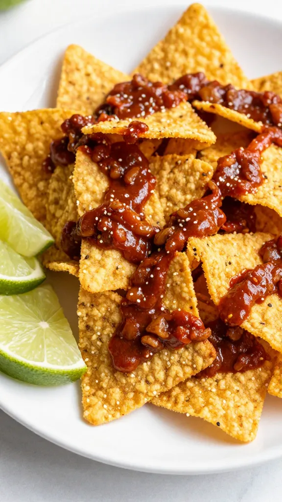 crunchy tortilla chip topping on reheated chili, lime wedges nearby
