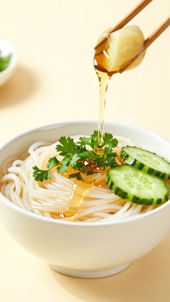 cold noodle bowl with cucumbers, herbs, rice vinegar splash
