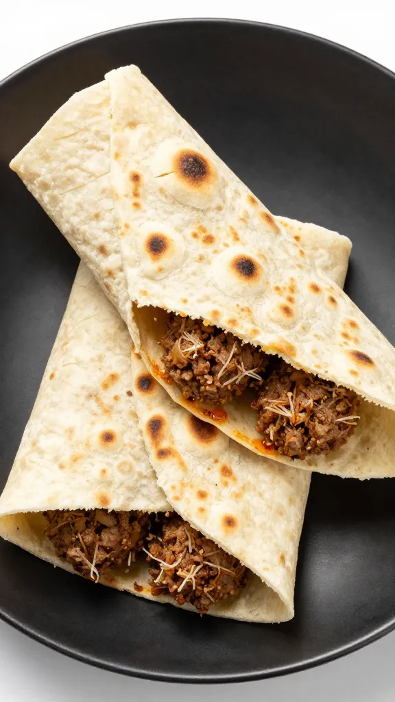 crumbled burger meatball naan wraps on matte black plate