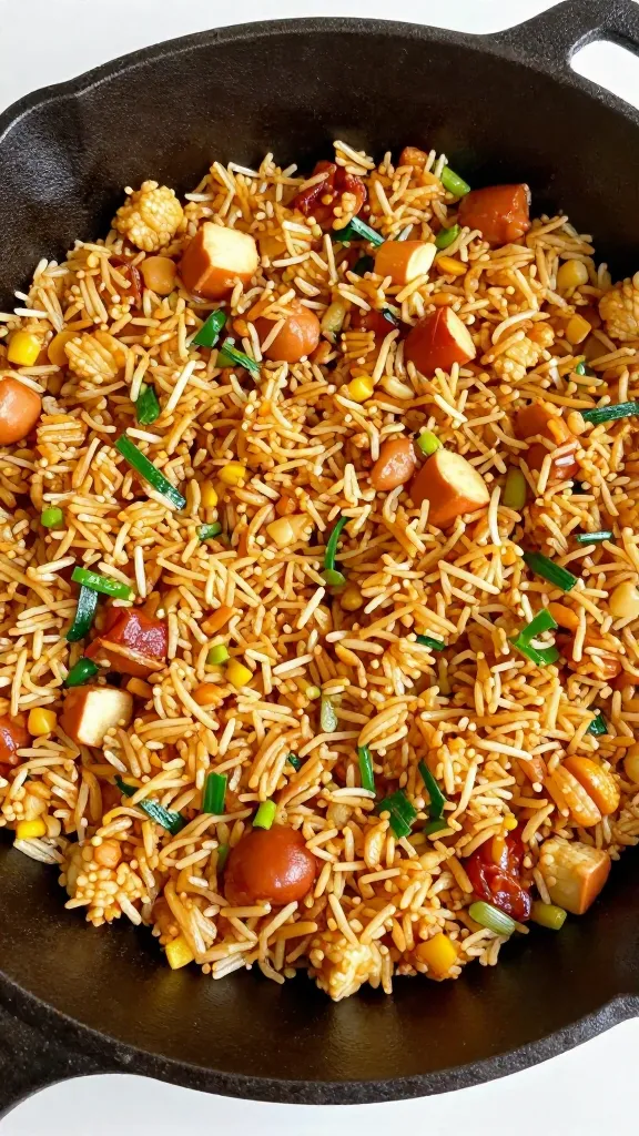 leftover hot dog fried rice in cast iron skillet
