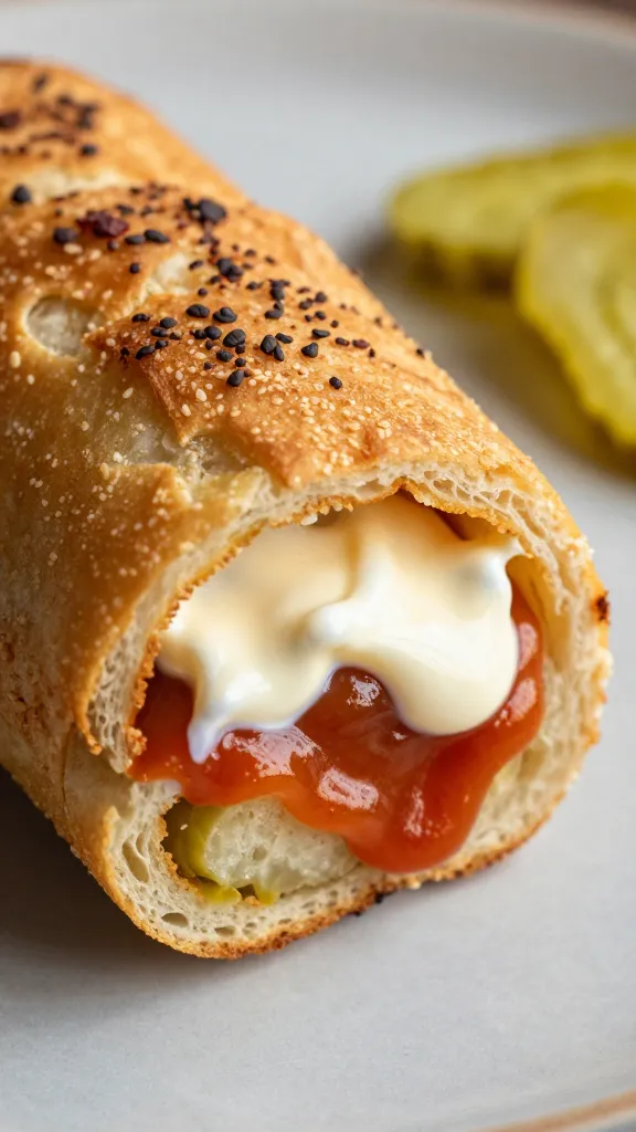Potato roll sandwich, mayo and hot sauce, quick pickles