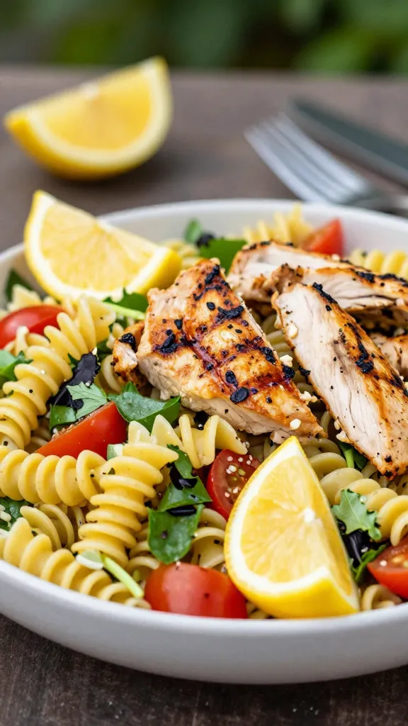 vibrant pasta salad with grilled chicken, lemon wedges, outdoor light