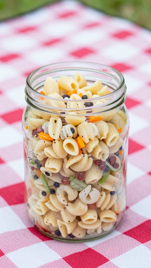 cold pasta salad in glass jar, picnic blanket background