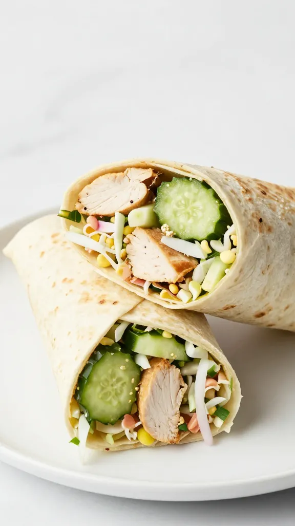 leftover chicken wrap with cucumbers and slaw on white plate