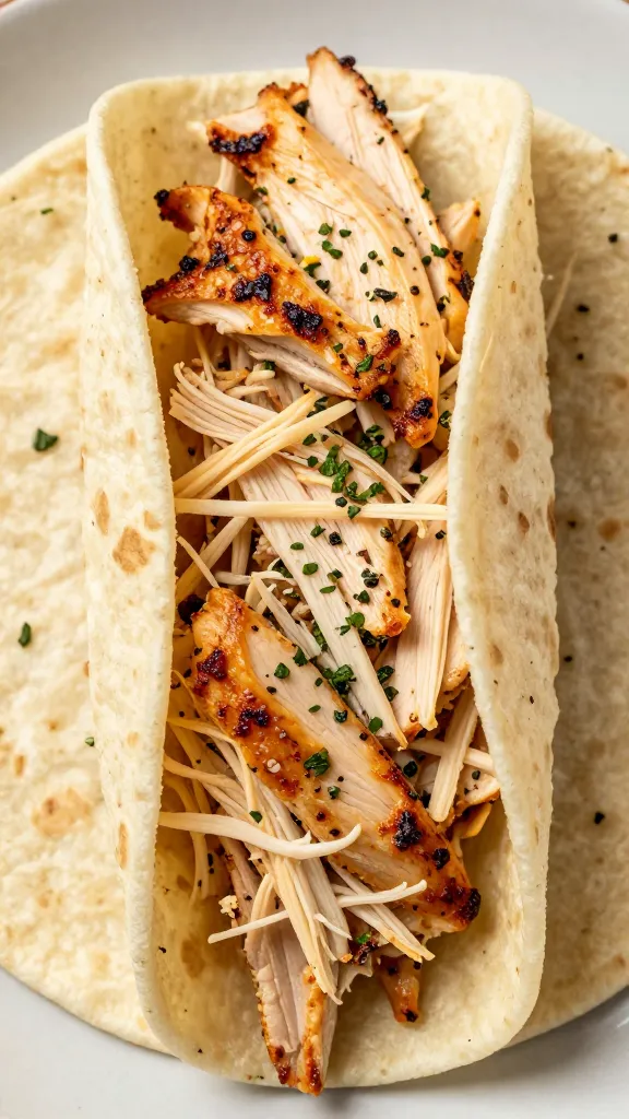 tortilla filled with shredded rotisserie chicken and herbs, overhead