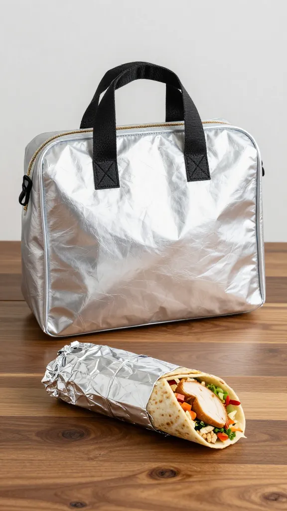 beach-bag lunch: foil-wrapped chicken wrap on wooden table