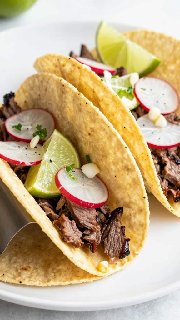 leftover steak tacos with lime and radish on corn tortillas