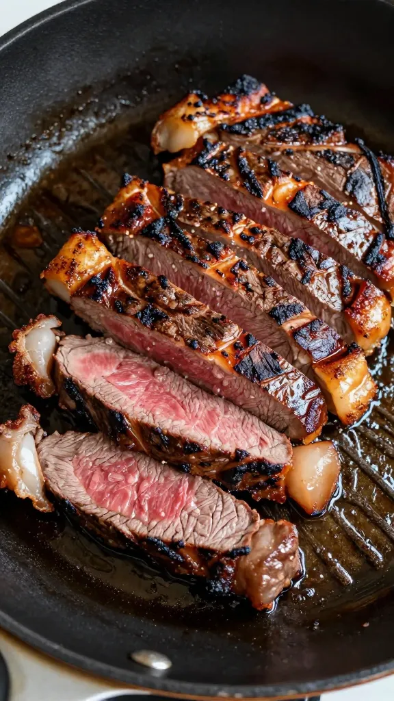sliced reheated steak in skillet, charred edges, natural light