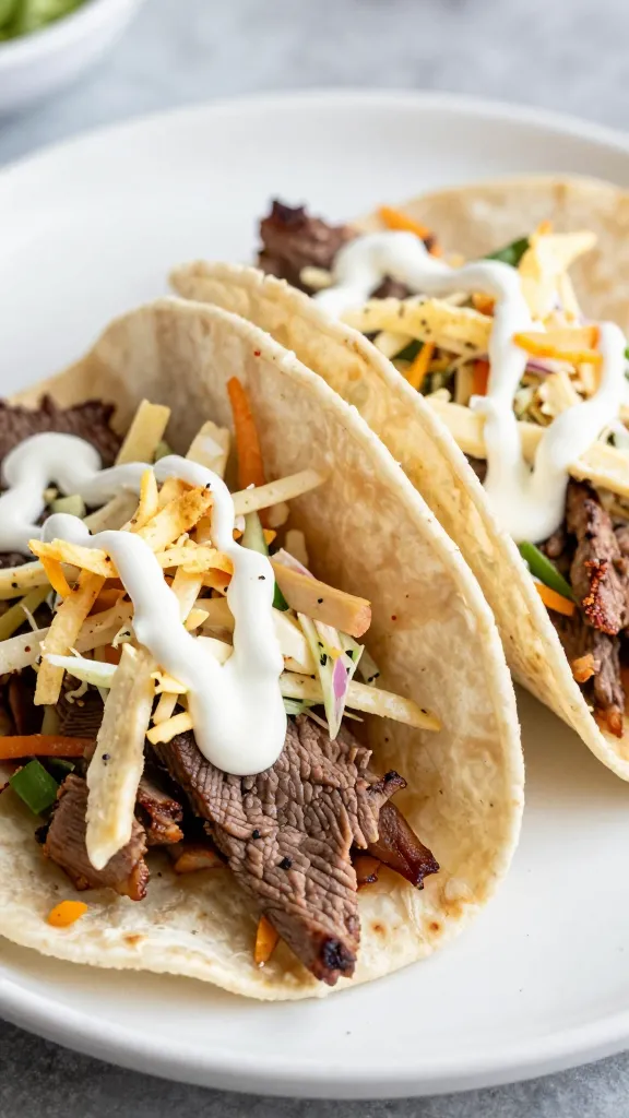 crunchy slaw and crema topping on leftover steak tacos