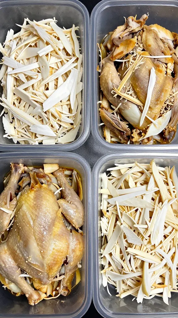 Shredded rotisserie chicken sorted white and dark in containers