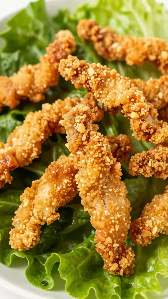 Crispy chicken skin chips on salad greens, natural light