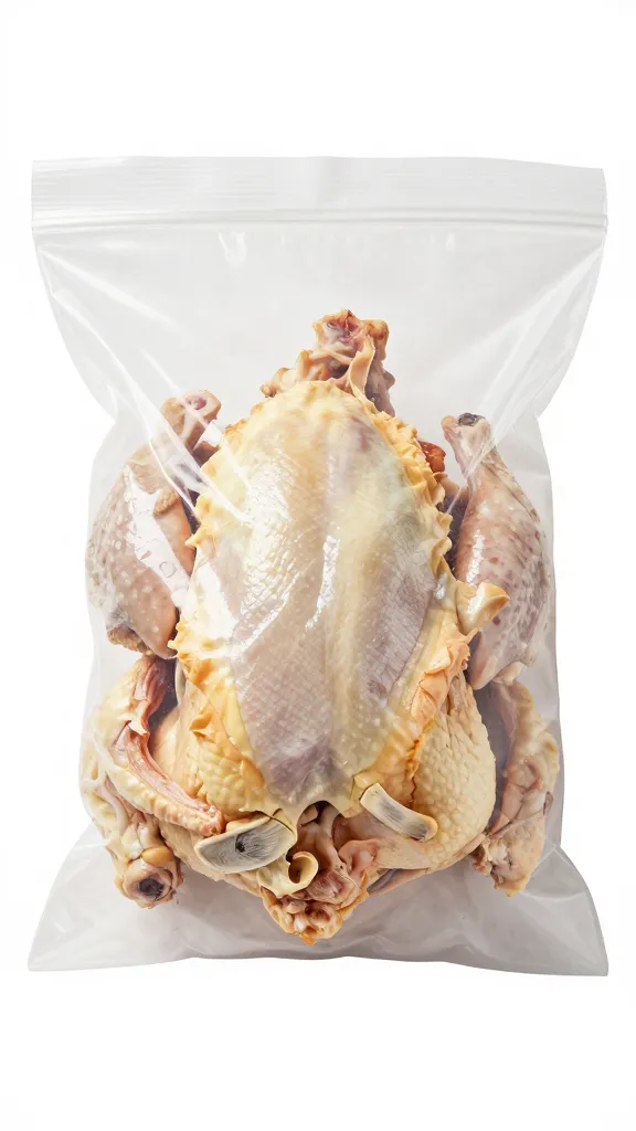 Rotisserie chicken carcass in freezer bag labeled for stock