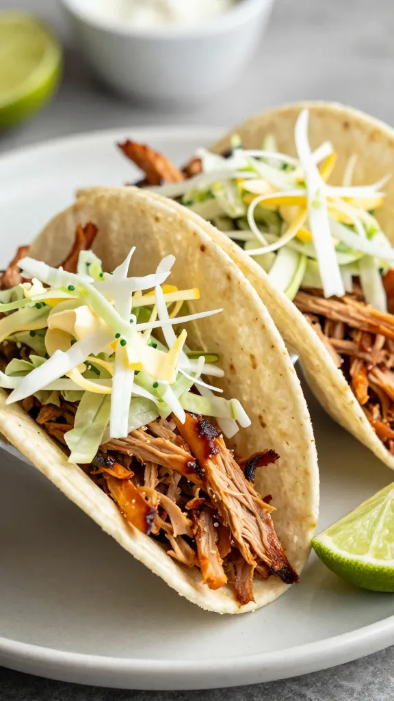 shredded BBQ pork tacos with fresh slaw and lime