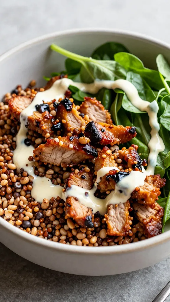 BBQ pork grain bowl with greens and drizzle of sauce
