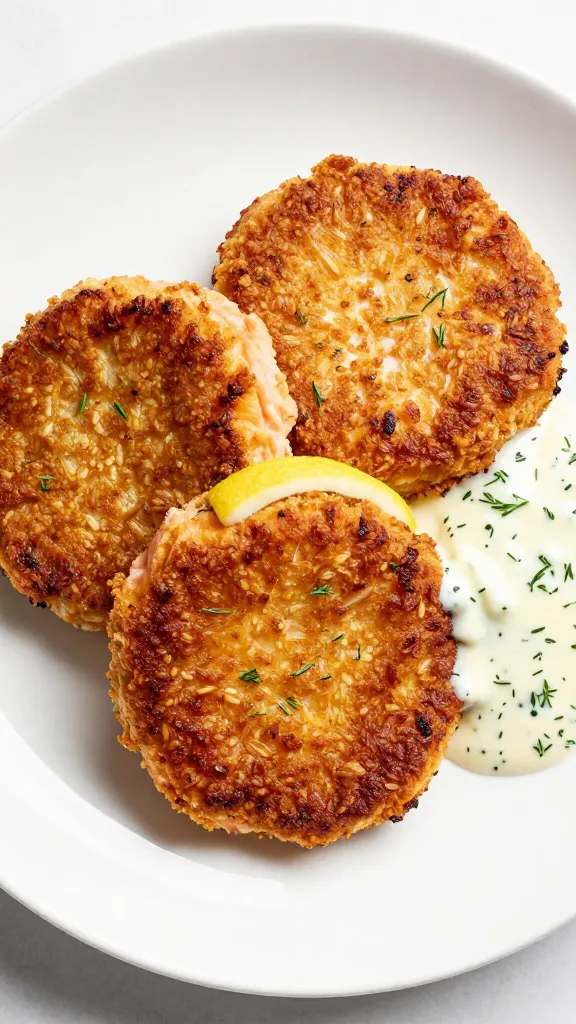 crispy salmon cakes on white plate with lemon-dill sauce