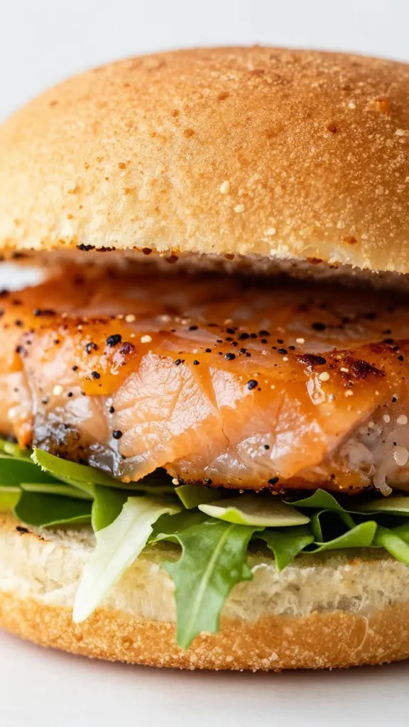 salmon cake sandwich on brioche with fresh slaw, close-up