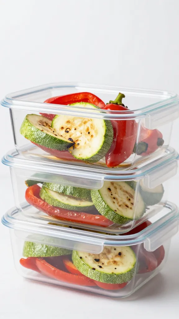 leftover grilled zucchini and peppers in clear Tupperware