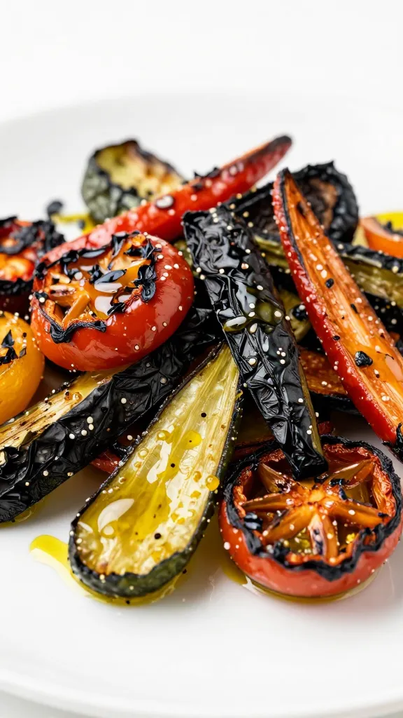 charred mixed veggies drizzled with olive oil, white backdrop