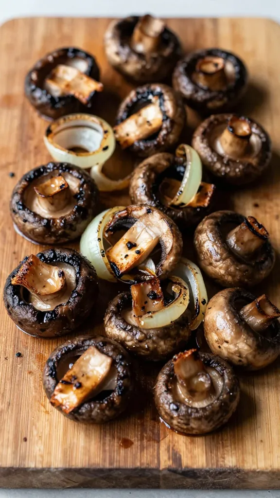 smoky grilled mushrooms and onions on rustic cutting board