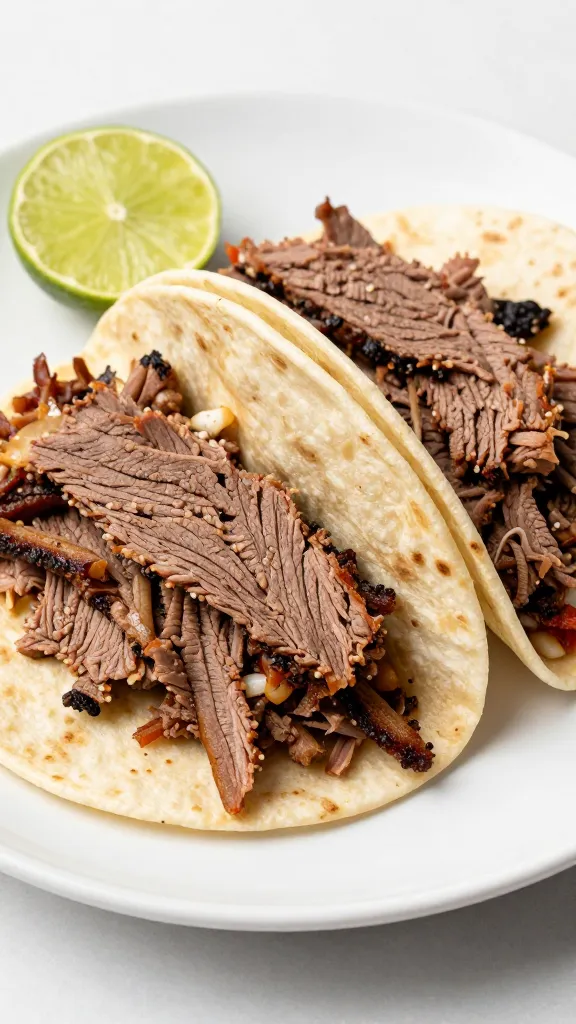 sliced leftover brisket tacos with lime on white plate
