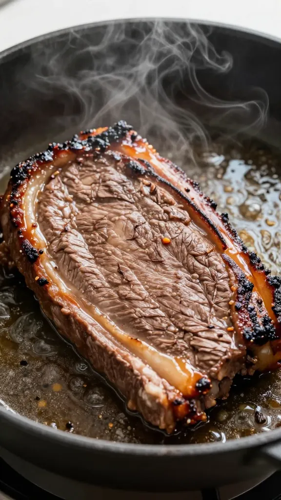 brisket reheating in skillet with beef stock steam