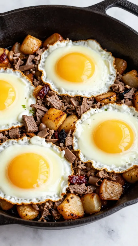 brisket breakfast hash with eggs in cast iron skillet