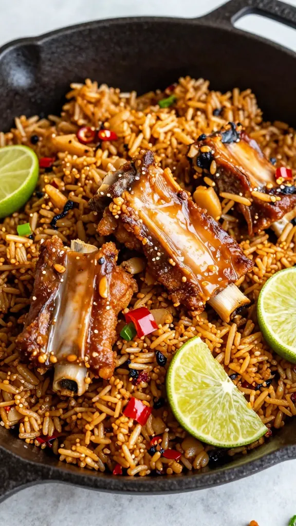 crispy rib fried rice with chili-lime, cast-iron skillet
