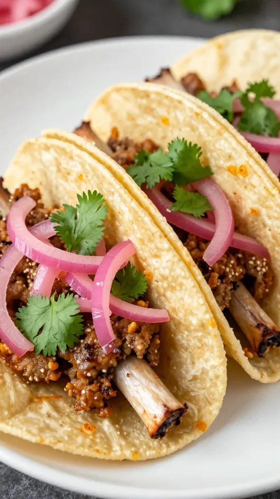 leftover rib tacos with pickled onions, cilantro, corn tortillas
