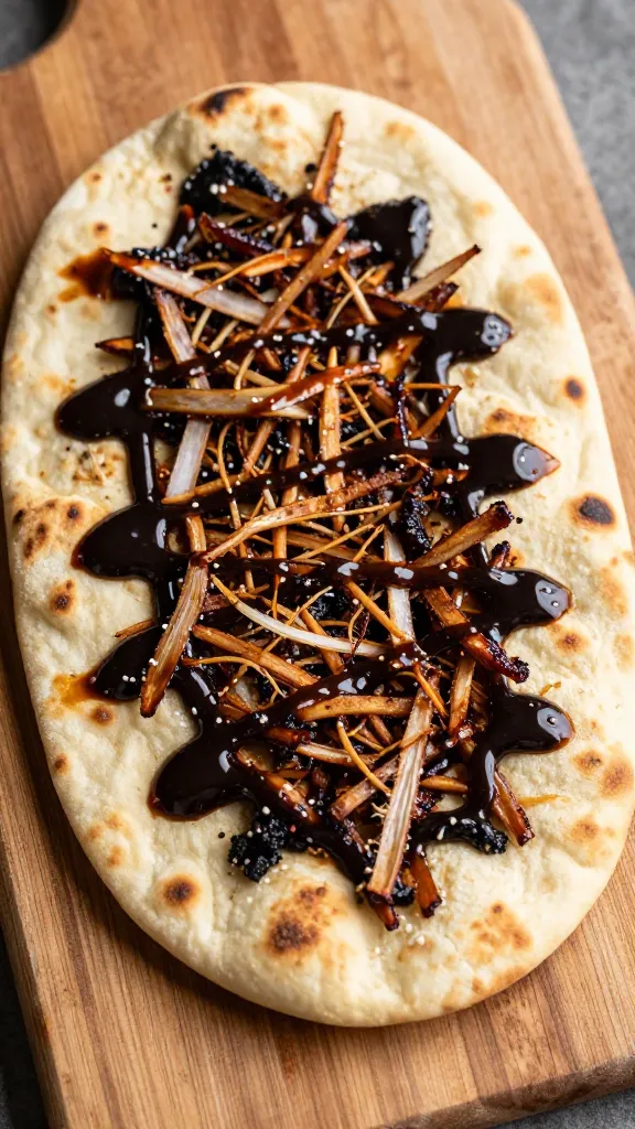 shredded rib flatbread with smoky barbecue drizzle, wood board