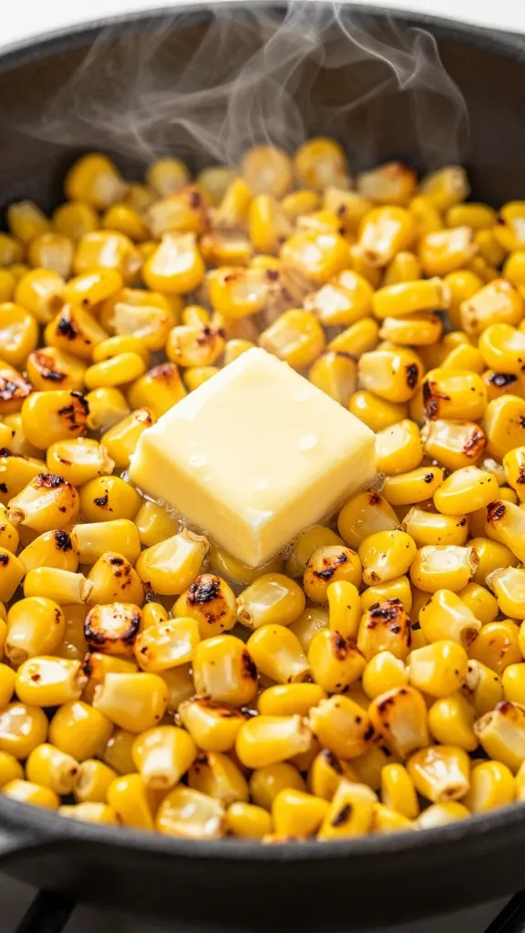 grilled corn kernels in skillet with butter and steam