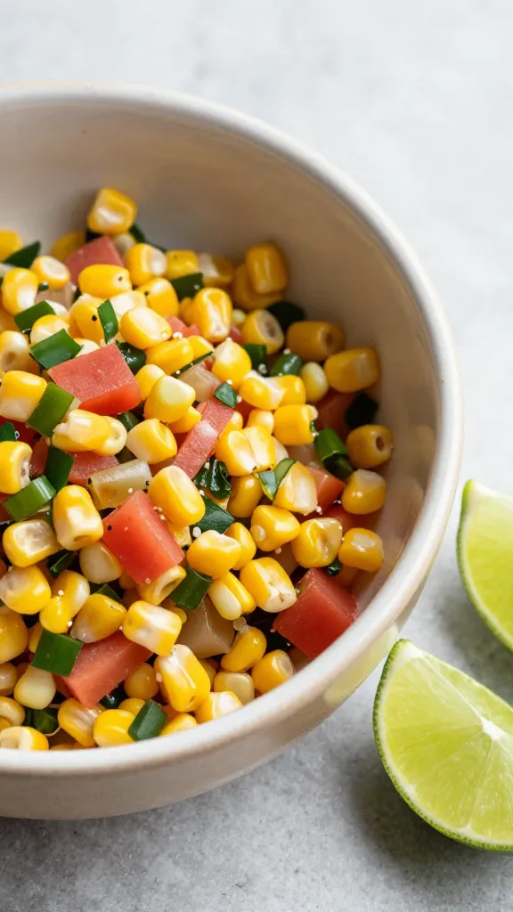 leftover corn salsa in ceramic bowl, lime wedges nearby
