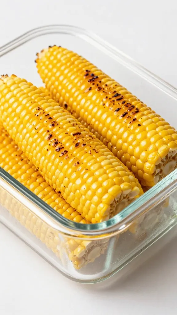 sliced grilled corn off cob in glass container, fridge-ready