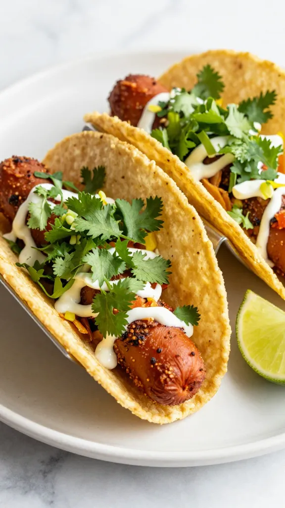 crispy hot dog tacos on corn tortillas, cilantro, lime wedges