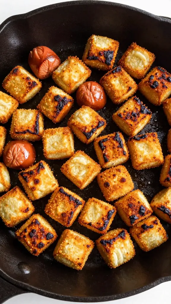 skillet-fried hot dog cubes, charred edges, overhead shot