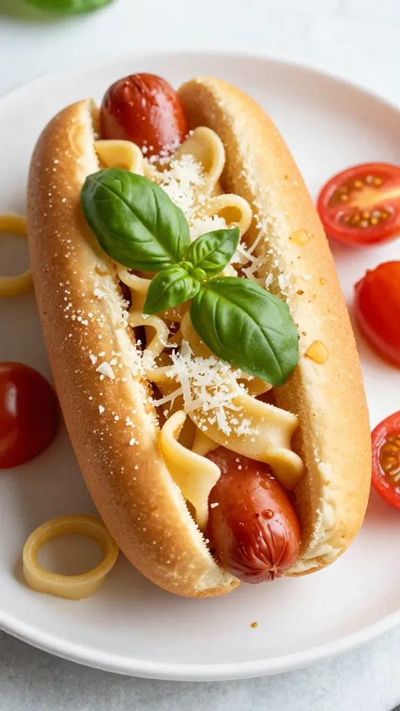 leftover hot dog pasta, cherry tomatoes, basil, parmesan sprinkle