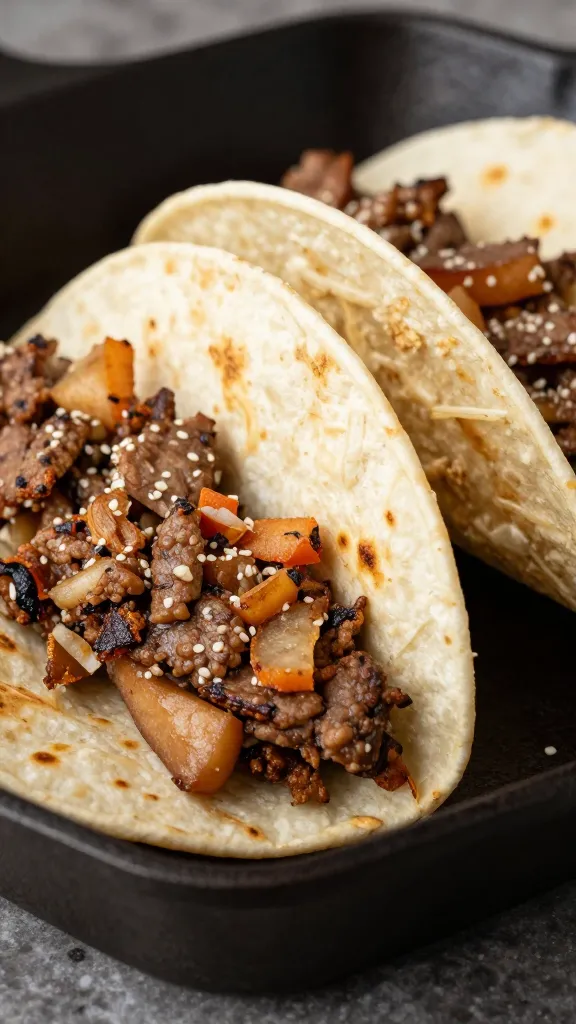 crumbled leftover burger smash tacos on cast-iron skillet