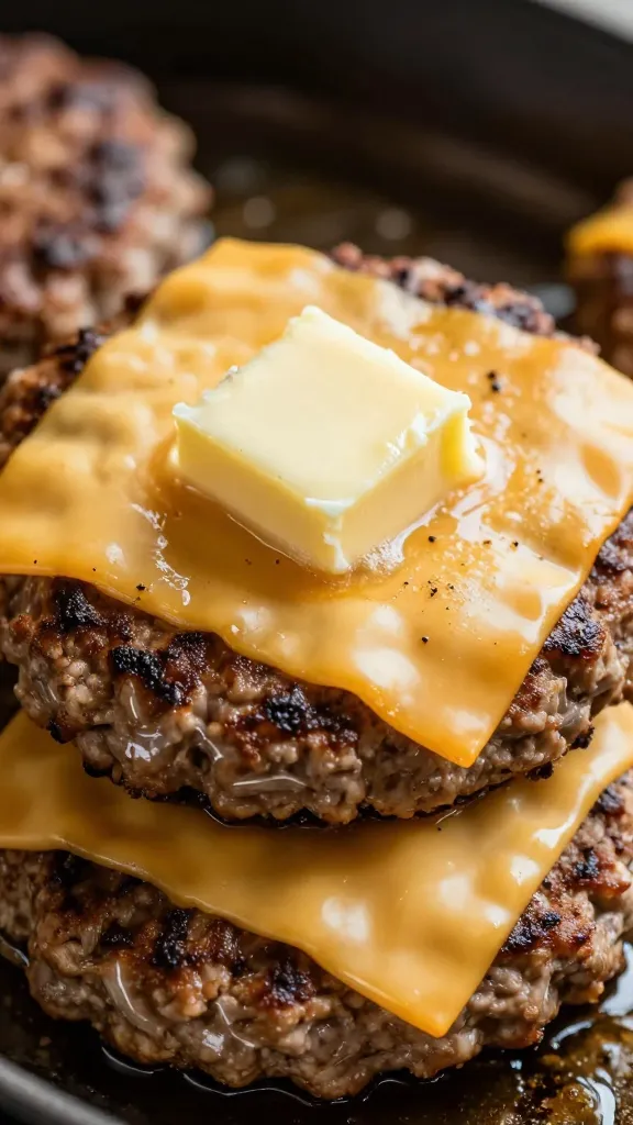 sliced cheeseburger patties re-seared in butter, close-up