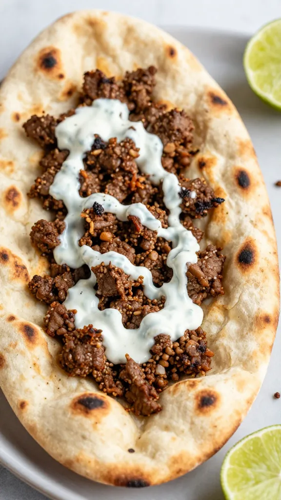 grilled naan flatbread with taco meat and lime crema