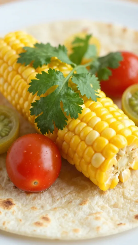 close-up corn, cherry tomatoes, cilantro on taco flatbread