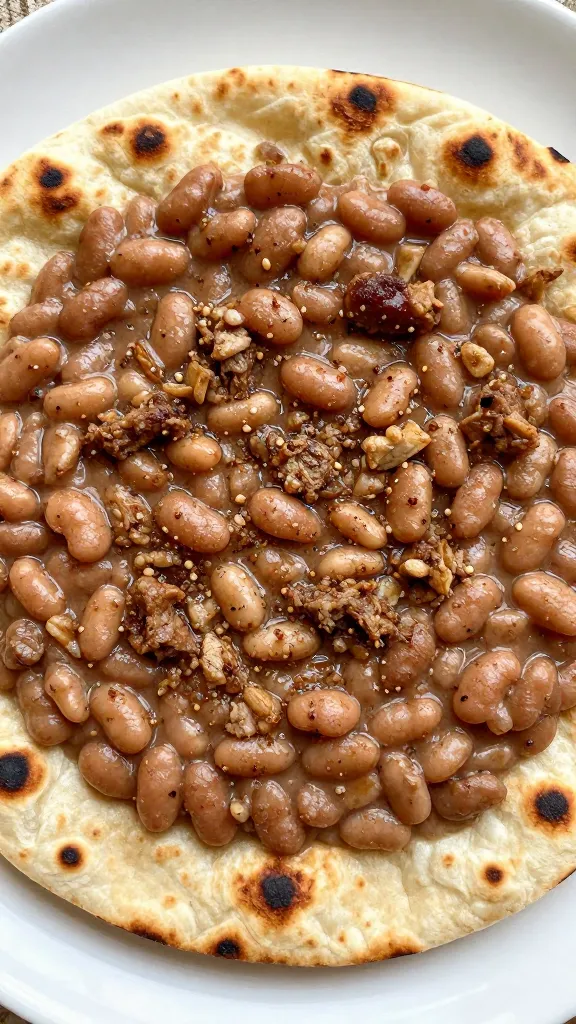 refried bean spread on charred flatbread with seasoned meat