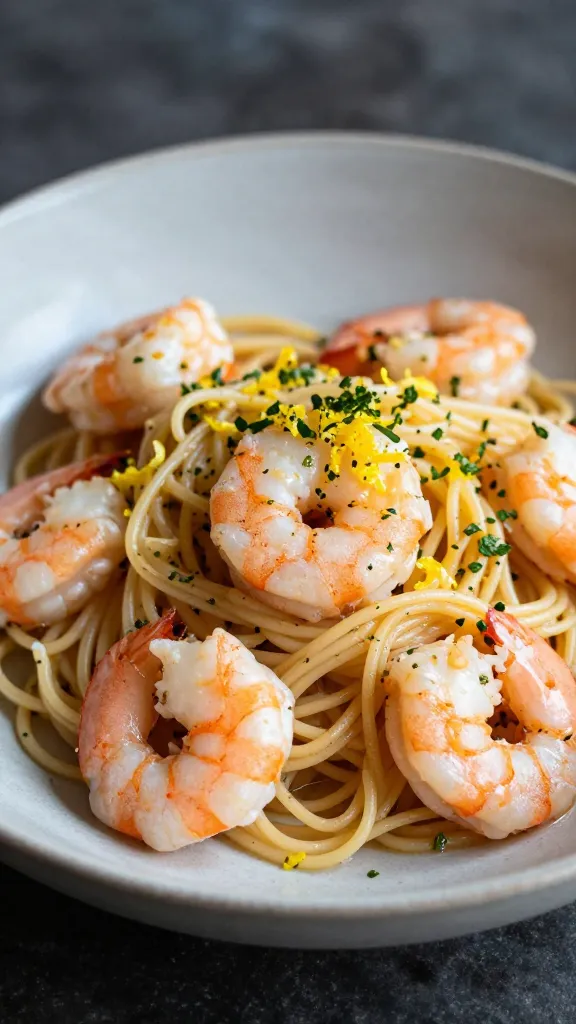 cold shrimp pasta with lemon zest and fresh herbs