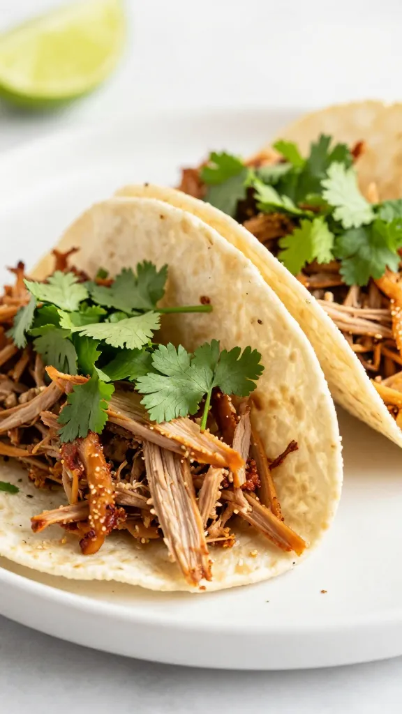 shredded leftover pork tacos with lime and cilantro