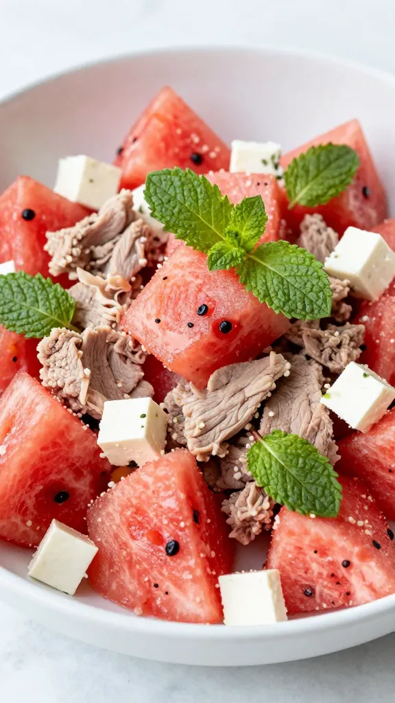 chilled pork and watermelon salad, feta, mint leaves