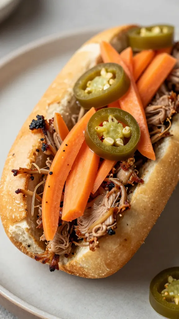 charred pork banh mi sandwich, pickled carrots, jalapeños