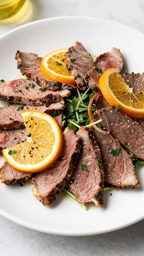 Thin-sliced leftover steak salad with citrus and herbs