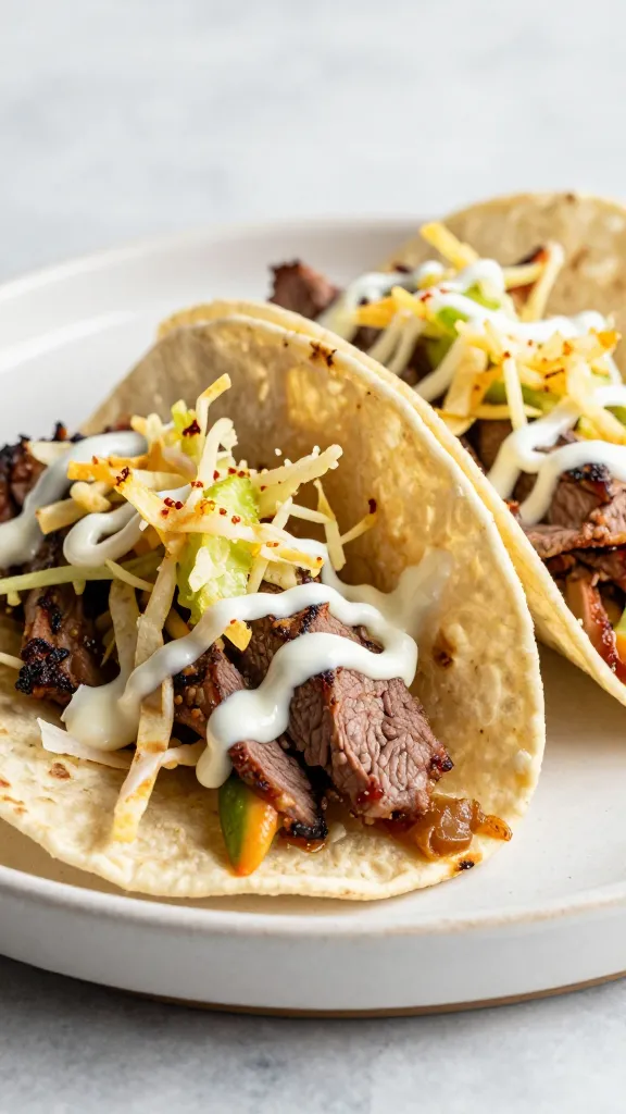 Cold steak tacos with crunchy slaw, chili-lime drizzle