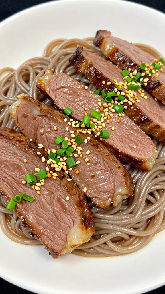 Steak slices over chilled soba with sesame and scallions