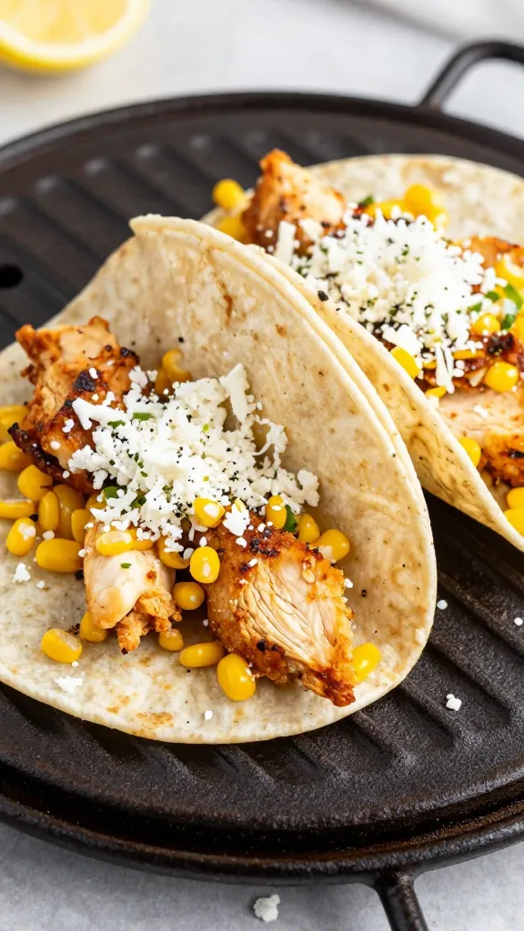 street corn chicken tacos with cotija on griddle