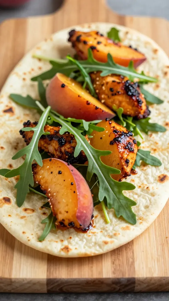 peach BBQ chicken flatbread with arugula on board