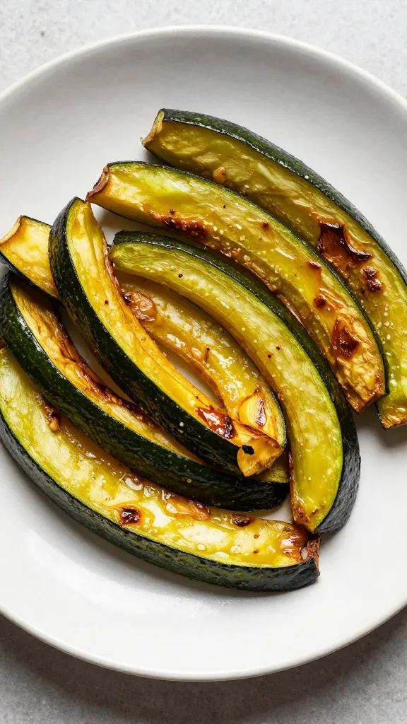 leftover grilled summer squash slices on ceramic plate, overhead
